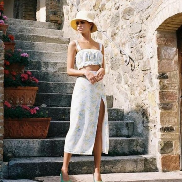 With Jean Floral Ruffle Crop Top Size XS‎ Avena Blue White Yellow Cotton Boho - Picture 2 of 12